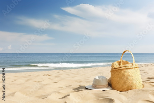 Hat with straw bag on the beach, summer vacation background. Ai generated