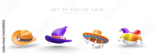 Set of festive realistic hats. Icons for game, web design, thematic sections. Sheriff, witch, clown hat, sombrero. Carnival accessories. Bright outfit for costume party. Isolated vector image
