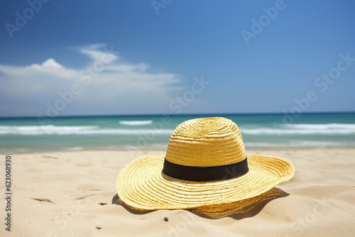 Straw hat on the beach close-up  summer background. Ai generated