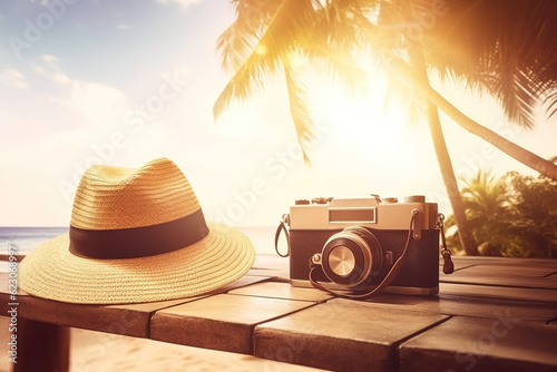 Straw hat and camera close-up, summer vacation background. Ai generated