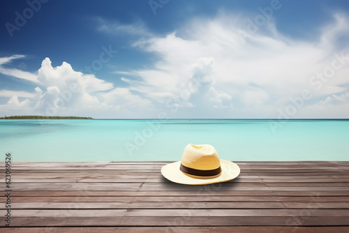 Desk of free space with straw hat with beach landscape. Ai generated