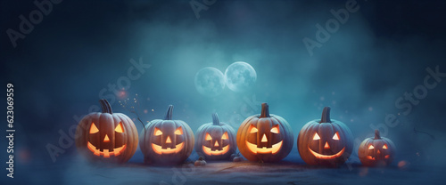 evil background horror blue halloween table mystery night fear spooky pumpkin. Generative AI.