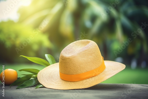 Straw hat on the background of nature. Ai generated