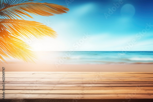 Desk of free space and summer beach landscape. Vacation background. Ai generated