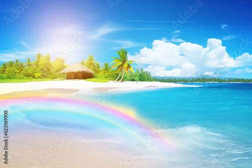 Summer beach landscape with rainbow. Vacation background. Ai generated