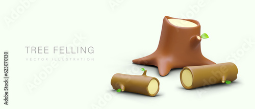 Tree felling, logging. Horizontal poster with 3D stump and logs. Vector concept for forestry, sawmill, wood processing. Web design in modern cartoon style