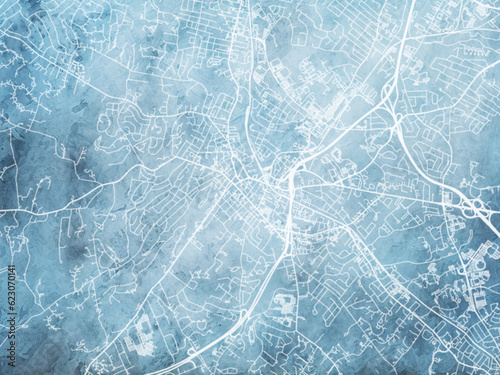 Illustration of a map of the city of Morristown New Jersey in the United States of America with white roads on a icy blue frozen background.