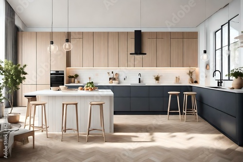 Step into the modern Nordic kitchen of a loft apartment through this stunning 3D rendering. Ai generated
