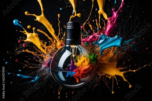 Witness the explosion of creativity as a vibrant light bulb shatters, releasing a burst of colorful paint and captivating splashes against a captivating black background.Ai generated