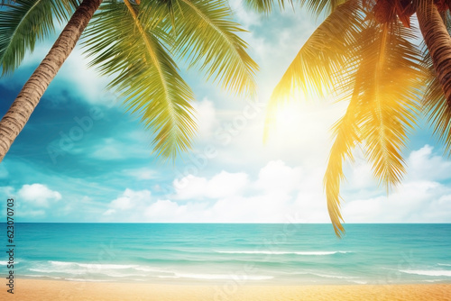 Beach landscape with palms. Summer tropical background. Ai generated © Artem81