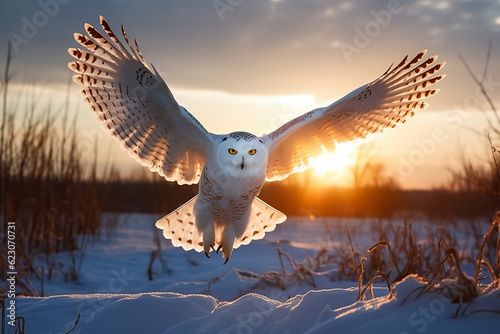 Snowy owl flying over a snow covered field with wings spread at sunset. Amazing American Wildlife. Generative Ai