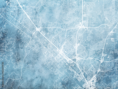 Illustration of a map of the city of Murrieta California in the United States of America with white roads on a icy blue frozen background.