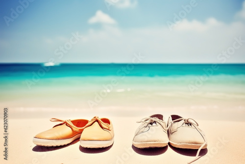 Shoes on the beach. Summer vacation background. Ai generated