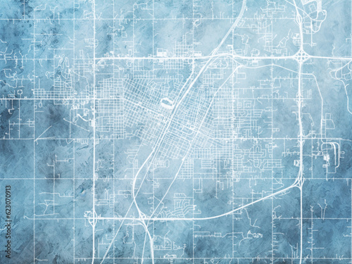 Illustration of a map of the city of  Muskogee Oklahoma in the United States of America with white roads on a icy blue frozen background.
