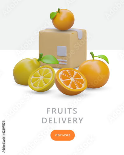 Fruit delivery service. Poster with fresh citrus fruits, cardboard box. Organic food from different countries. Cartoon style concept. Vector template for social networks. Web design with button