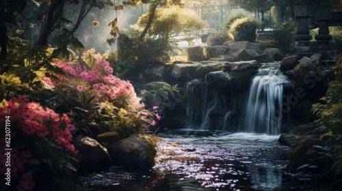 A quiet garden with a beautiful waterfall. Lush greenery and blooming flowers. Generative AI