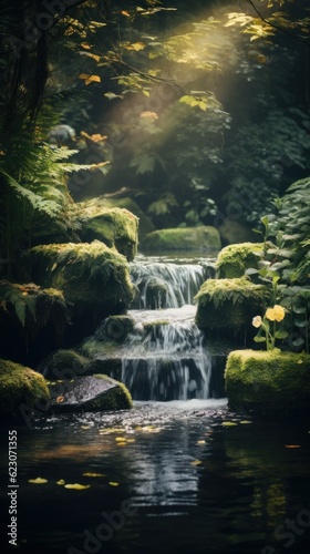 A quiet garden with a beautiful waterfall. Lush greenery and blooming flowers. Generative AI