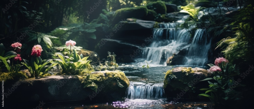 A quiet garden with a beautiful waterfall. Lush greenery and blooming flowers. Generative AI