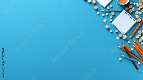 Office supplies scattered in the upper right corner on a blue background pencils  white notepad back to school concept  top view  flat lay  advertising banner with copy space for teachers  day
