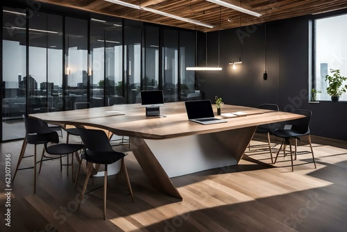 Step into a contemporary loft office bathed in natural light, where sleek lines and minimalist design create a harmonious and inspiring workspace.Ai generated