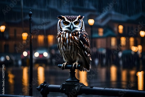 On a rainy dusk, an owl perches gracefully on an old street lamp. The lamp emits a warm glow, casting a soft light on the surrounding area. Ai generated