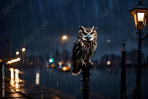 On a rainy dusk, an owl perches gracefully on an old street lamp. The lamp emits a warm glow, casting a soft light on the surrounding area. Ai generated © shammor