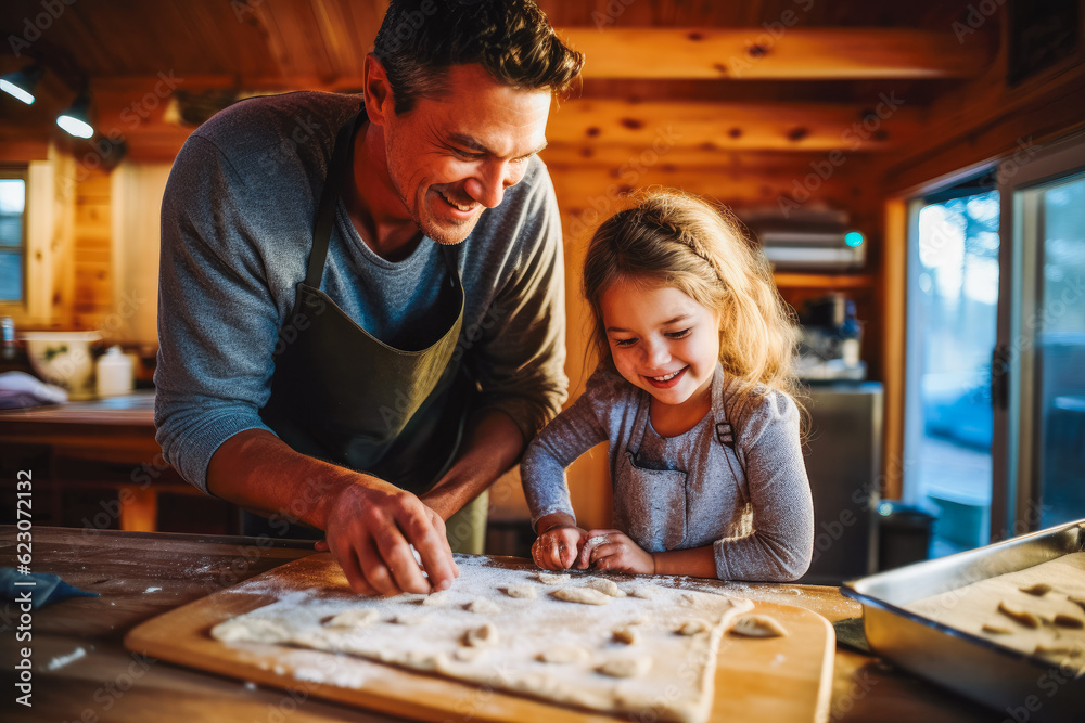 Fototapeta premium Father baking with daughter. Family relationships. Father having fun with daughter, baking cookies in kitchen. Generative AI