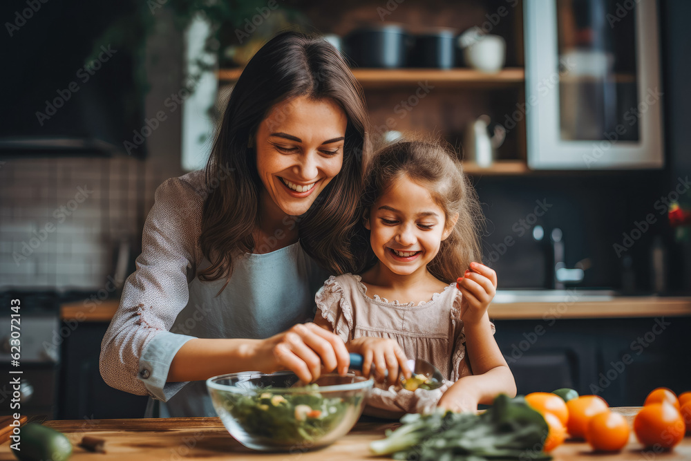 © VisualProduction - Mother cooking with daughter. Family relationships. Mother having fun with daughter, cooking in kitchen. Generative AI