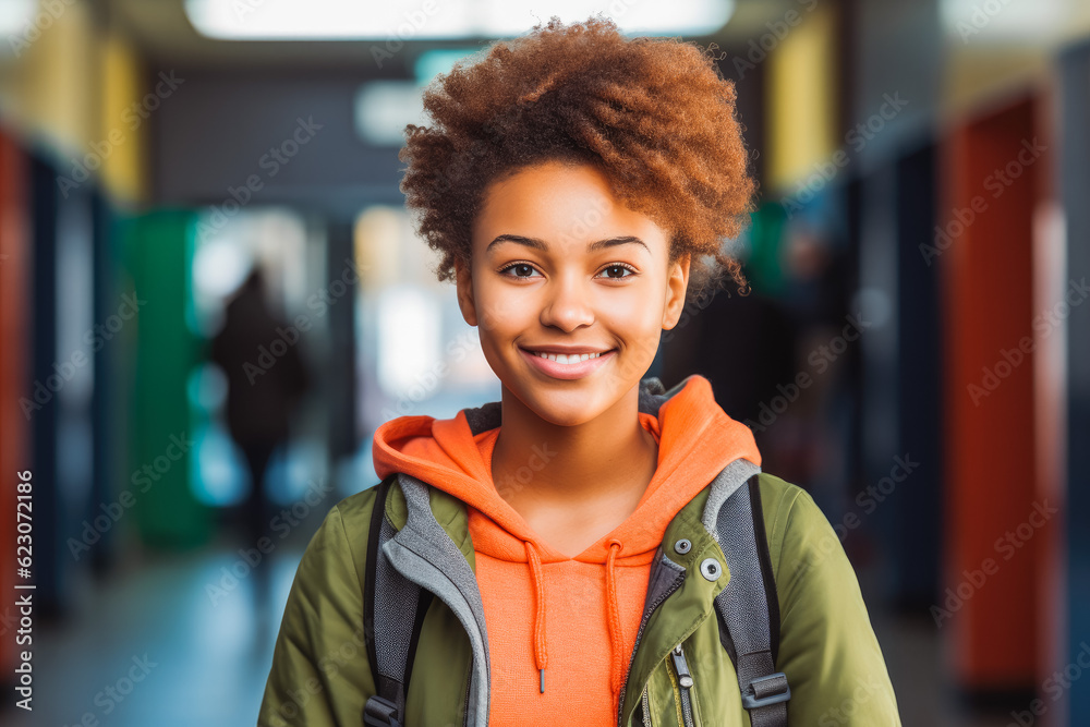 African teenage girl portrait in front of school lockers. Learning and school concept. Generative AI African teenage girl portrait in front of school lockers. Learning and school concept. Generative AI