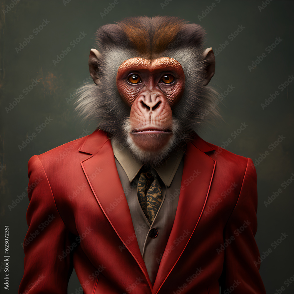 Realistic lifelike monkey in dapper high end luxury formal suit and shirt, commercial, editorial advertisement, surreal surrealism.	
