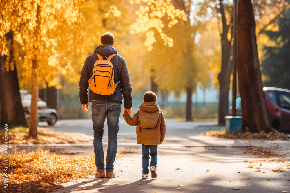 Father picking up kids from school. Learning and school concept. Generative AI Father picking up kids from school. Learning and school concept. Generative AI