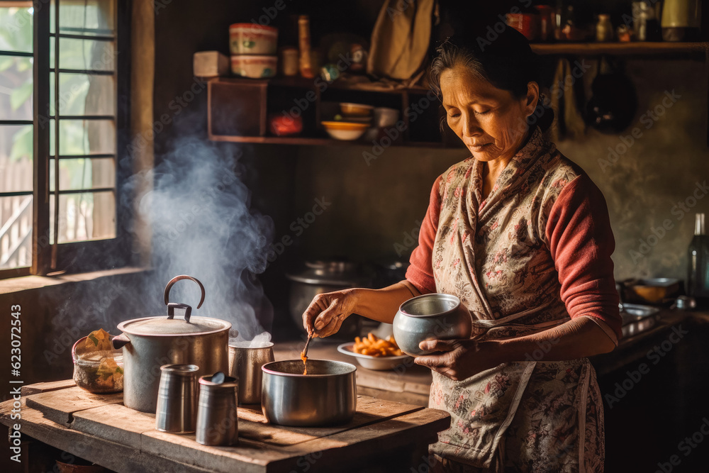 Indian mother making tea for family in kitchen. Generative AI Indian mother making tea for family in kitchen. Generative AI