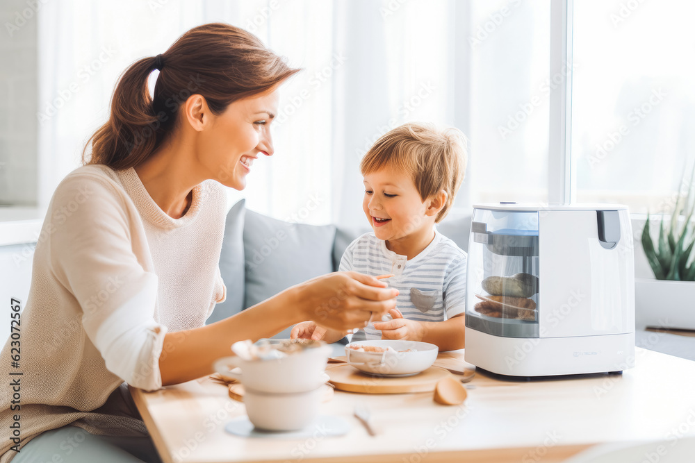 Mother making breakfast for kids. Mother and son smiling, making breakfast together. Generative AI Mother making breakfast for kids. Mother and son smiling, making breakfast together. Generative AI