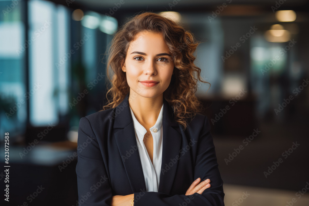 Smiling elegant young professional business woman standing in office. Young attractive successful businesswoman. Generative AI Smiling elegant young professional business woman standing in office. Young attractive successful businesswoman. Generative AI