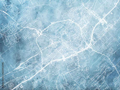 Illustration of a map of the city of New Braunfels Texas in the United States of America with white roads on a icy blue frozen background.