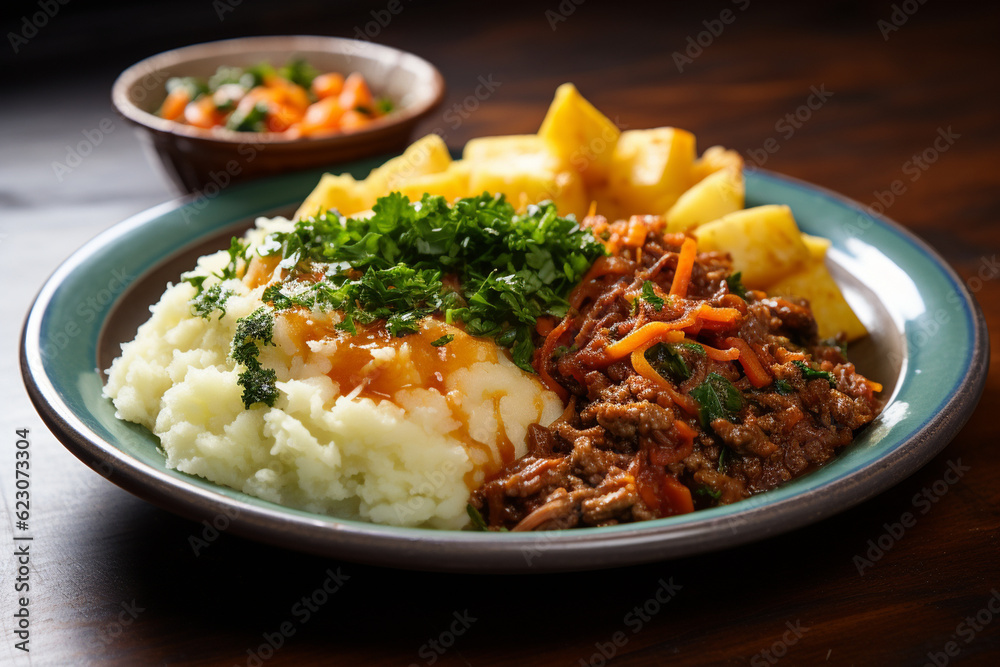 A plate of savory escondidinho, a Brazilian casserole dish made with layers of mashed cassava, meat (such as shredded beef or chicken), and melted cheese, brazilian food, cuzcuz, c Generative AI