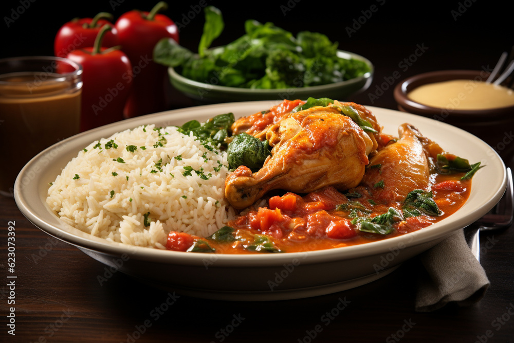 A plate of traditional frango com quiabo, a Brazilian chicken stew cooked with okra, tomatoes, and served with rice, brazilian food, cuzcuz, couscous, cassava, farofa, brazil Generative AI A plate of traditional frango com quiabo, a Brazilian chicken stew cooked with okra, tomatoes, and served with rice, brazilian food, cuzcuz, couscous, cassava, farofa, brazil Generative AI