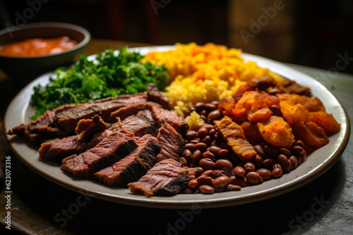 A plate of flavorful carne de sol, salted and dried meat commonly served with fried cassava or beans, brazilian food, cuzcuz, couscous, cassava, farofa, brazil Generative AI © Катерина Євтехова