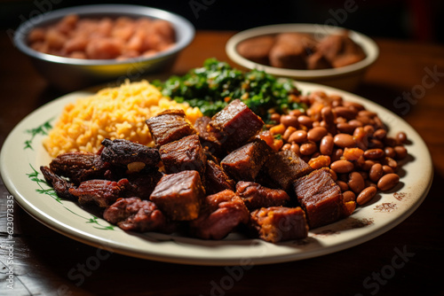 A plate of flavorful carne de sol, salted and dried meat commonly served with fried cassava or beans, brazilian food, cuzcuz, couscous, cassava, farofa, brazil Generative AI photo