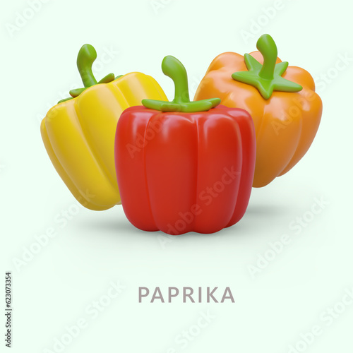 Realistic bell pepper. Fragrant paprika for bright salad. Seasonal vegetable. Rich harvest. Vertical advertising multicolored poster. Template with place for text