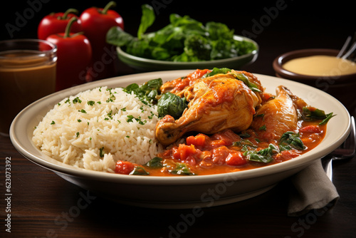 A plate of traditional frango com quiabo, a Brazilian chicken stew cooked with okra, tomatoes, and served with rice, brazilian food, cuzcuz, couscous, cassava, farofa, brazil Generative AI photo