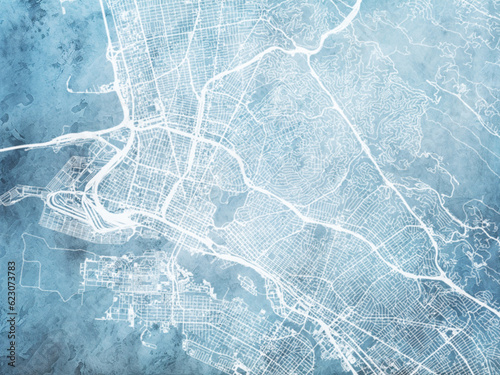 Illustration of a map of the city of  Oakland California in the United States of America with white roads on a icy blue frozen background.