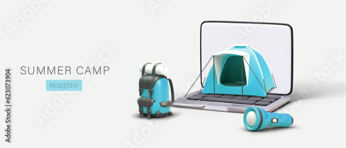 Summer camp. Online registration. Link button template. 3D open laptop, blue tent, backpack, flashlight. Concept of web design for tourist sites, organizers of camping sites