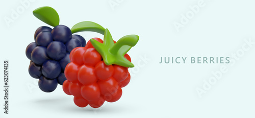 Fototapeta Naklejka Na Ścianę i Meble -  Realistic colorful berries in different colors. Poster with juicy berries in red and blue colors with blue background and place for text. Vector illustration in cartoon style
