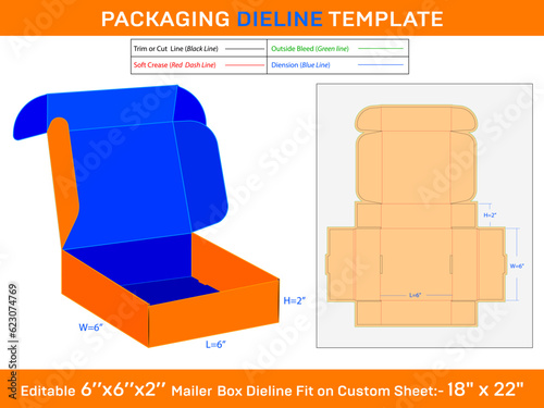 Kraft Mailer Box 6''x6''x2'' Dieline Template
