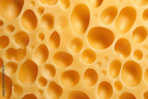 Cheese texture of a yellow cheese with holes cut. AI generated