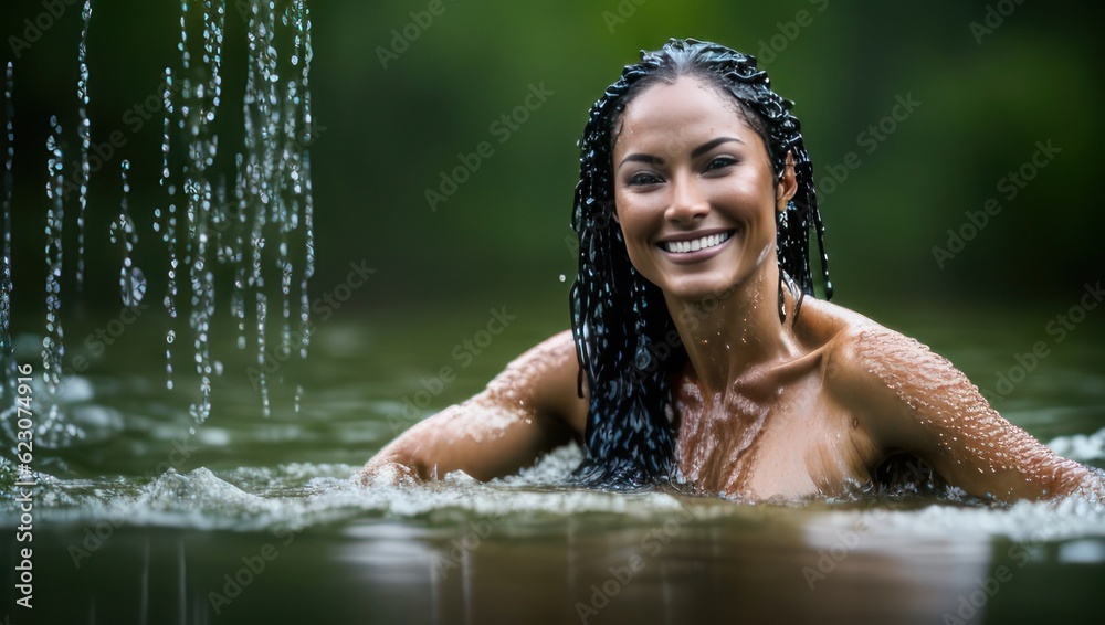 Portrait of beautiful erotic smiling wet woman in the water in the rain. Generative AI Portrait of beautiful erotic smiling wet woman in the water in the rain. Generative AI