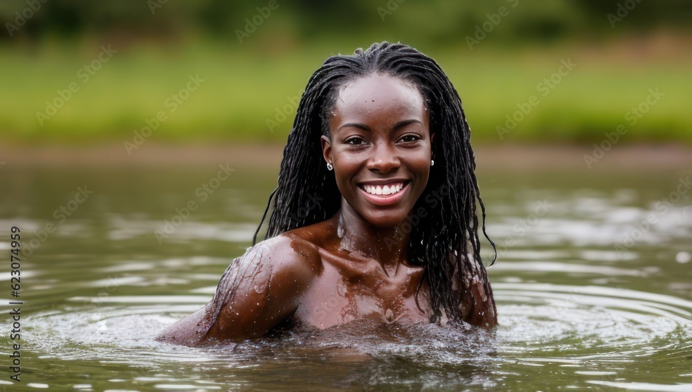 Fototapeta premium Portrait of beautiful erotic smiling wet black skin woman in the water in the rain. Generative AI