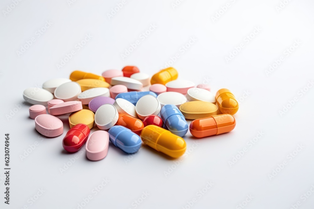 Different pills and a can of pills on a light background color picture. AI generated