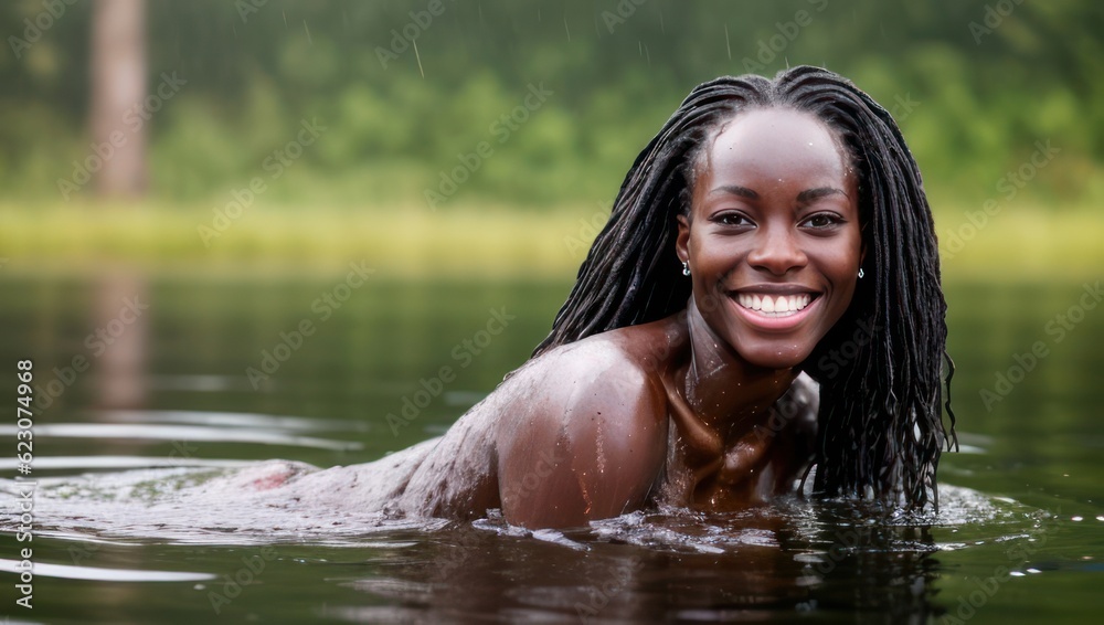 Portrait of beautiful erotic smiling wet black skin woman in the water in the rain. Generative AI Portrait of beautiful erotic smiling wet black skin woman in the water in the rain. Generative AI